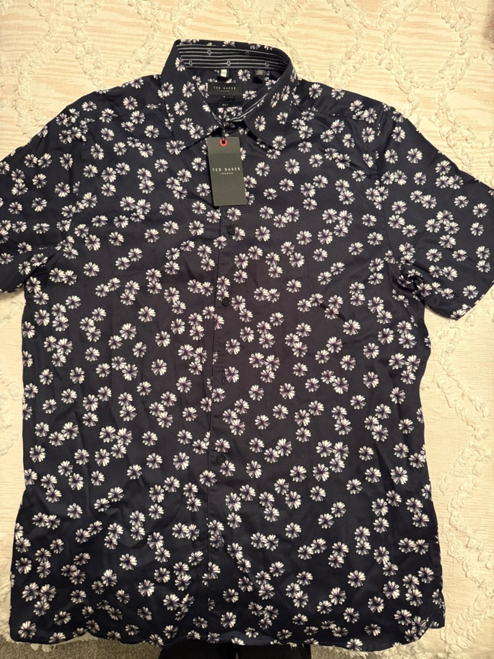 Ted Baker Navy Button-Up Shirt with White Floral Print